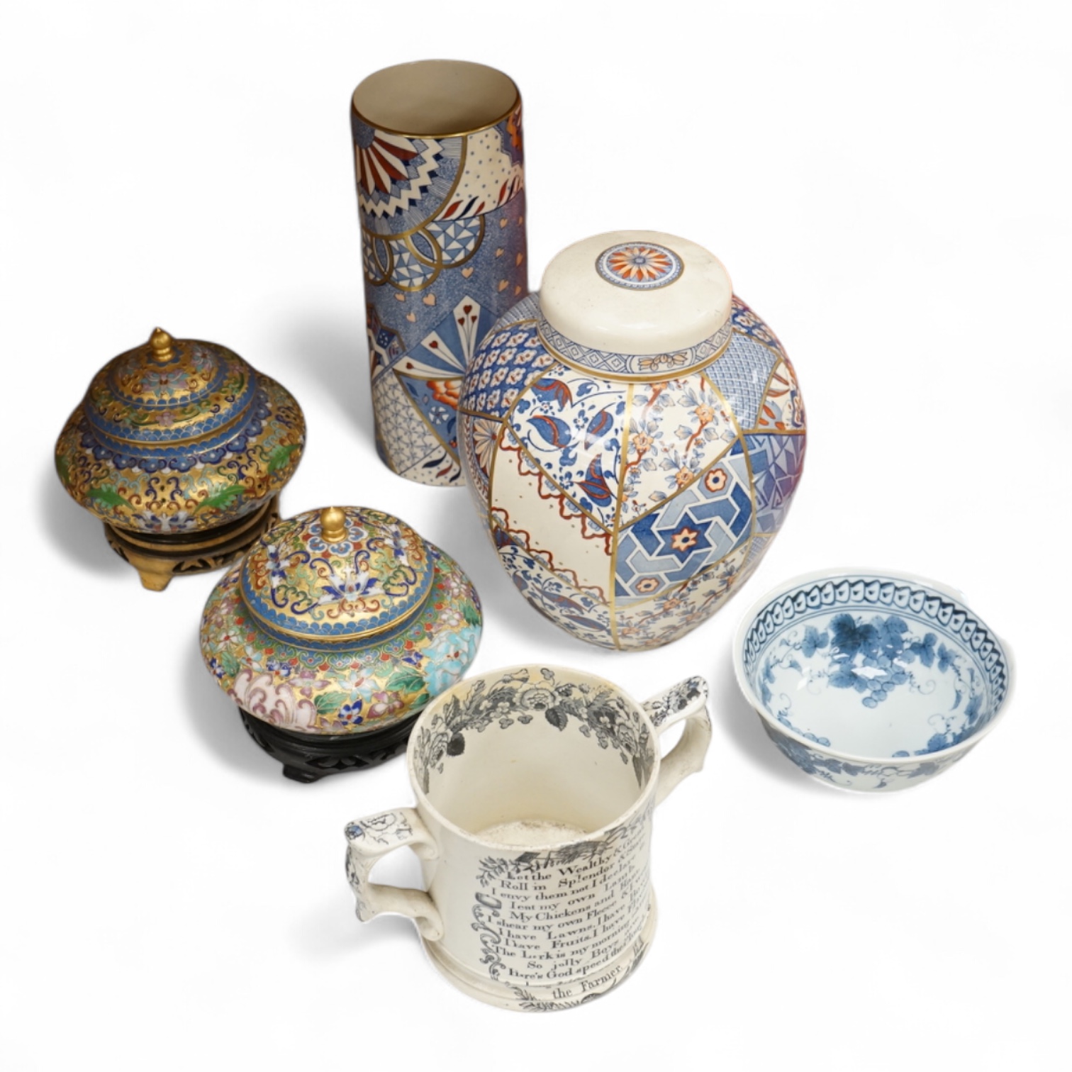 Sundry porcelain and objects to include a pair of Chinese cloisonné enamel bowls and covers, pottery twin handled printed cup and Masons vase, largest 26cm high